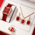 Lussuoso orologio quadrata rosso e set di gioielli con collana, orecchini e anello eleganti. - Cinturino Rosso Set Gioielli Orologio Gemma Rossa 4 Pezzi (4) / Set di Gioielli (Senza Scatola)