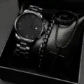 Set orologio da uomo al quarzo nero con bracciale a catena, anello e collana con croce. - Stile 22 Orologio con Set Regalo Gioielli / Nero