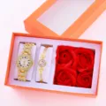 Set regalo orologio quarzo strass oro con bracciale e rose di sapone rosse in scatola - Set Scatola Regalo Rosa Gioielli / Scatola Regalo Arancione Stile 15