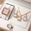 Elegante set di gioielli da donna orologio quadrato collana orecchini anello scatola - Cinturino Bianco Set Gioielli Orologio Strass Quadrato 4 Pezzi (1) / Set di Gioielli (Senza Scatola)