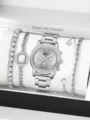 Set regalo con orologio al quarzo di lusso con strass e 4 bracciali da donna, cinturino in acciaio. - 5 Pezzi (7+) / Collezione Bracciali Argento (Senza Scatola)