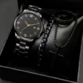 Set orologio da polso uomo nero al quarzo con bracciale e collana con croce. - Stile 24 Orologio con Set Regalo Gioielli / nero e oro