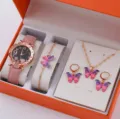 Set regalo donna orologio rosa farfalla gioielli quarzo collana orecchini bracciale - Orologio Cielo Stellato Cinturino Rosa con Set Gioielli 4 Pezzi Farfalla Senza Scatola (14)
