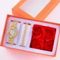 Set regalo donna orologio quarzo strass bracciale rosa sapone elegante scatola gioielli - Set Scatola Regalo Rosa Gioielli (18) / Oro