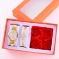 Women watch bracelet gift set luxury gold quartz timepiece with sparkling crystals and red roses box - Jewelry Set (With Gift Box) / Gold