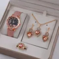 Set regalo gioielli donna orologio quarzo oro rosa collana orecchini anello rosa - Orologio Cielo Stellato Cinturino Rosa con Set Gioielli Strass Cuore Senza Scatola (16)