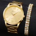 Set orologio donna al quarzo oro con bracciale tennis strass cinturino acciaio lusso regalo moda - 5 Pezzi (12+) / Collezione Bracciali Oro (Senza Scatola)