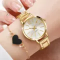 Elegante set orologio al quarzo dorato e bracciale con cuore nero da donna, accessorio moda. - Orologio Tondo + Set Bracciale (51) / Oro