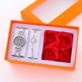 Women quartz watch and silver bracelet gift box set with four red artificial roses, orange. - Jewelry Set (With Gift Box) / Silver White