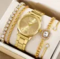 Set regalo orologio al quarzo oro di lusso e bracciale con diamanti da donna elegante - 5 Pezzi (14+) / Collezione Bracciali Oro (Senza Scatola)