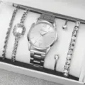Orologio donna al quarzo set regalo lusso cinturino acciaio strass anelli argento - 5 Pezzi (15+) / Collezione Bracciali Argento (Senza Scatola)
