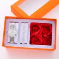 Women quartz watch bracelet and red rose gift set luxury fashion jewelry box silver red - Jewelry Set (With Gift Box) / Silver White