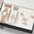 Lusso donne strass orologio quarzo e cuore gioielli regalo set design elegante - Set di gioielli a doppio cuore (25) / Set Senza Scatola Regalo / Oro rosa
