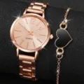 Orologio al quarzo oro rosa e bracciale cuore nero, set elegante donna in acciaio. - Set Orologio con Quadrante Tondo e Bracciale a Cuore (53) / Pezzo Singolo (Senza Confezione Regalo) / Oro rosa