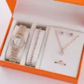 Donna oro rosa orologio quarzo set gioielli con strass collana braccialetto anello - Set Gioielli 5 Pezzi (57) / Senza Confezione Regalo / Oro rosa