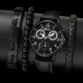 Set orologio al quarzo da uomo con quadrante nero e bracciali in pelle stile casual alla moda - Set Orologio e Braccialetto N. 11 (11) / Nero