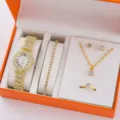 Elegante set di gioielli con orologio al quarzo in strass dorati, collana, bracciale e orecchini. - Set Gioielli 5 Pezzi (58) / Senza Confezione Regalo / Oro