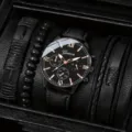 Set di orologi da polso al quarzo da uomo con cinturino in pelle nera e vari braccialetti. - Set Orologio e Braccialetto N. 12 (12) / nero e oro