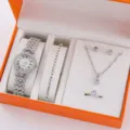 Elegante set gioielli donna orologio quarzo strass con collana braccialetto anello orecchini - Set Gioielli 5 Pezzi (59) / Senza Confezione Regalo / Oro