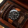 Set da uomo con orologio al quarzo e bracciali in pelle intrecciata in elegante cofanetto - Set Orologio e Braccialetto N. 14 (14) / nero e oro