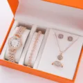 Elegante set di gioielli con orologio braccialetto collana orecchini anello strass oro rosa - Taglia unica / Set Gioielli 5 Pezzi (10) / Oro rosa