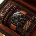 Set regalo orologio al quarzo da uomo e bracciale in pelle vintage in scatola di legno - Set Orologio e Braccialetto N. 15 (15) / Marrone