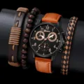 Set orologio quarzo uomo con eleganti bracciali in pelle intrecciata e perline per uso quotidiano. - Set Orologio e Braccialetto N. 16 (16) / nero e oro