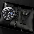 Set orologio al quarzo da uomo con cinturino in pelle, bracciale, collana croce e anello box. - Set Orologio Collana Anello N. 17 (17) / Nero