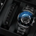 Set regalo orologio al quarzo da uomo di lusso e bracciale catena metallo nero quadrante - Set Gioielli con Orologio N. 30 (30) / Blu nero