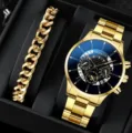Orologio al quarzo da uomo dorato e set bracciale a catena grossa in lussuosa confezione. - Stile 26 (Set di Gioielli) / Oro
