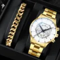 Set regalo orologio al quarzo dorato da uomo e bracciale a catena spessa moda. - Stile 27 (Set di Gioielli) / Oro