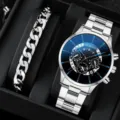 Orologio uomo quarzo bracciale set con cinturino metallo argento quadrante nero regalo - Stile 28 (Set di Gioielli) / Argento