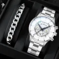 Set regalo orologio da polso uomo al quarzo argento e bracciale catena elegante stile casual - Stile 29 (Set di Gioielli) / Argento
