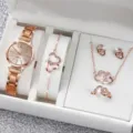 Orologio al quarzo oro rosa e completo gioielli con doppio cuore in strass, set regalo. - Stile a Doppio Cuore Set Gioielli (A3) / Set di Gioielli (Senza Scatola) / Oro rosa