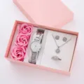 Elegante set regalo orologio quarzo donna con collana orecchini anello e rose di sapone. - Quadrante Bianco + Set di Gioielli (Senza Confezione Regalo) / Argento