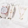 Orologio quarzo cinturino silicone bianco con set gioielli farfalla oro dettaglio. - Accessorio Gioiello (15, Senza Scatola)