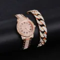Elegante set di orologio al quarzo da donna in oro rosa con strass e bracciale per stile chic. - Stile 2 con Strass Pavé con Catena Cubana / Oro rosa