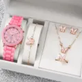 Orologio donna al quarzo cinturino silicone rosa con bracciale farfalla collana anello set regalo - Accessorio Gioiello (14, Senza Scatola)