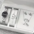 Donna 6pz orologio quarzo strass collana bracciale anello orecchini set gioielli argento - Stile a Doppio Cuore Set Gioielli (A4) / Set di Gioielli (Senza Scatola) / Nero argento