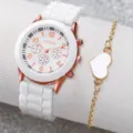 Vista dettagliata dell'orologio da polso donna con cinturino in silicone bianco e bracciale. - Accessorio Gioiello (12, Senza Scatola)
