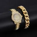 Set orologio al quarzo da donna in strass dorati e bracciale a catena per stile elegante. - Stile 4 con Strass Pavé con Catena Cubana Spessa / Oro