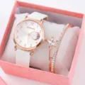 Elegante set regalo orologio donna al quarzo e bracciale stella di cristallo rosa. - Set Orologio, Bracciale e Scatola / Bianco