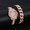 Orologio al quarzo con strass in oro rosa e set bracciale a maglia cubana da donna. - Stile 5 con Strass Pavé con Catena Cubana Spessa / Oro rosa