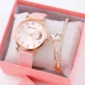 Set Regalo Orologio al Quarzo Rosa e Bracciale Stella Cristallo per Donna Elegante - Set Orologio, Bracciale e Scatola / Rosa