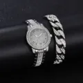 Set orologio da polso donna quarzo strass argento e bracciale catena cubana, gioiello brillante. - Stile 6 con Strass Pavé con Catena Cubana Spessa / Argento