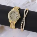 Set di orologio al quarzo e bracciale da donna in strass dorati con numeri romani. - Stile 7 con Strass Pavé con Bracciale Numeri Romani / Oro