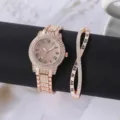 Elegante set di orologio al quarzo con strass in oro rosa e bracciale da donna, chic. - Stile 9 con Strass Pavé con Bracciale Numeri Romani / Oro rosa