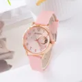 Orologio al quarzo da donna rosa con cassa in oro rosa, cinturino in pelle e quadrante elegante. - Solo orologio / Rosa