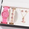 Orologio al quarzo con cinturino in silicone rosa e set gioielli strass cuore variante - Set di Gioielli Cuore Rosa (24) / Senza Scatola / Rosa