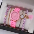 Set orologio al quarzo donna moda con cinturino in silicone rosa e bracciali con perline - Set Orologio al Quarzo Rosa e Bracciale di Perline (25) / Senza Scatola / Rosa